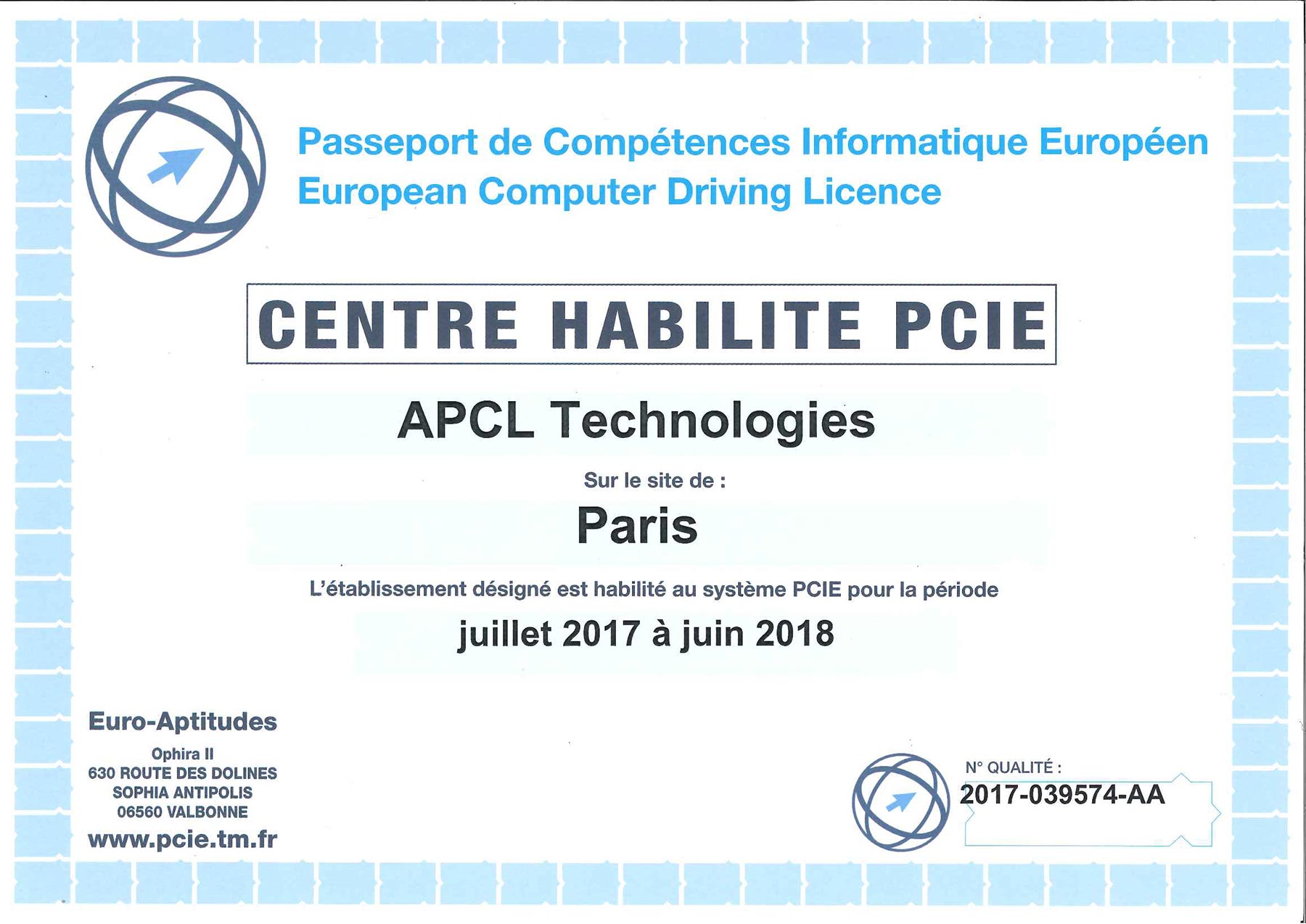 certificat PCIE 2017