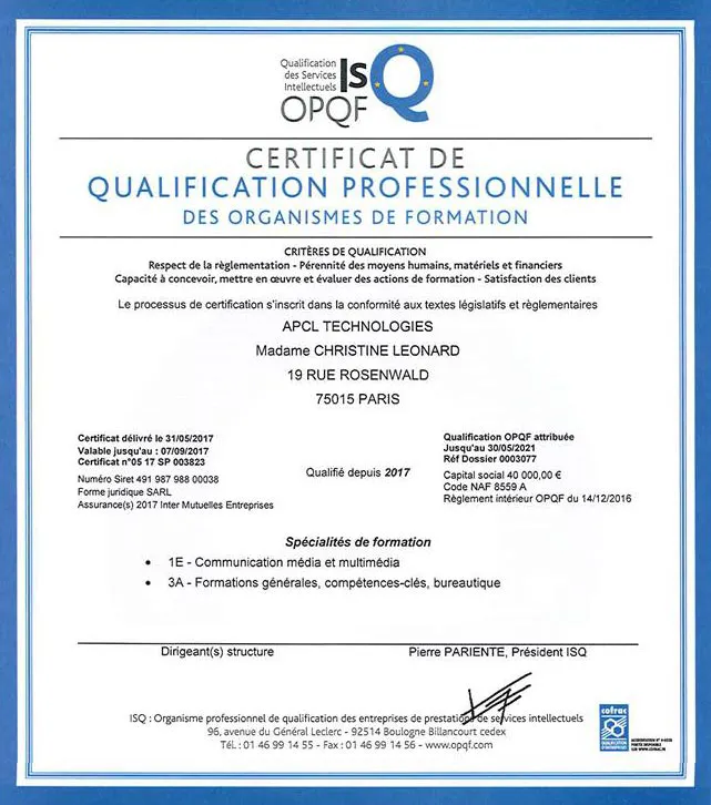 OPQF est la certification Apcl de 2017